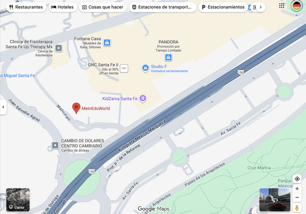 Ubicación de MeinEduWorld en Ciudad de México, Mario Pani 400, Santa Fe – Oficina de programas educativos en Alemania