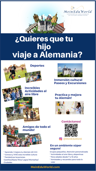 Flyer “¿Quieres que tu hijo viaje a Alemania?” con actividades e inmersión cultural — MeinEduWorld